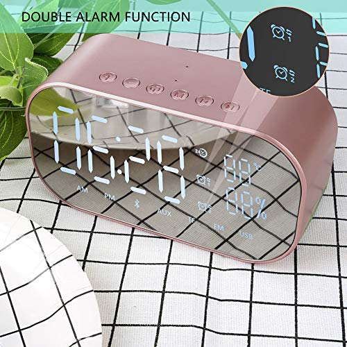 Fashionwu Mini Bluetooth Speaker Wireless Stereo Portable LCD FM Radio Alarm Clock Outdoor Speaker Rose Gold