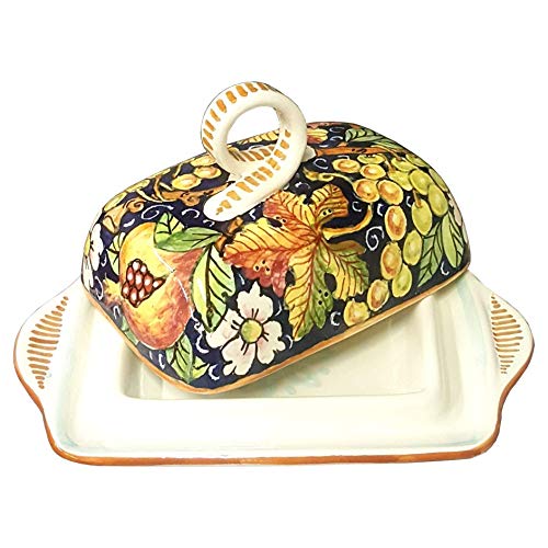 CERAMICHE D'ARTE PARRINI- Italian Ceramic Butter Dish Hand Painted Decorated Grape Made in ITALY Tuscan Art Pottery