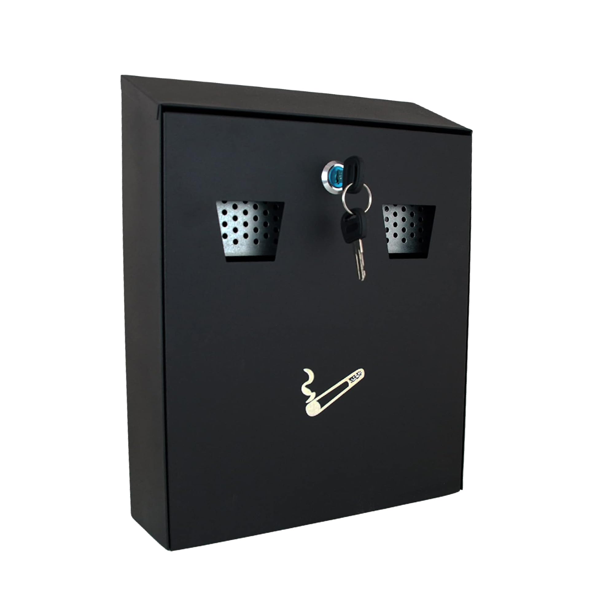 Buckingham Outdoor Cigarette Bin Lockable Heavy Duty Black Powder Coated Steel Wall Mounted Ashtray Bin for Home Pubs Clubs Office Ash Bin with Luminous Cigarette Motif Smoking 26 Cm