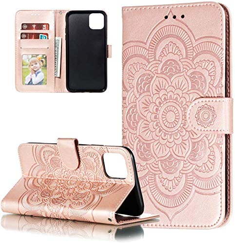 HMTECH Google Pixel 4 Case,For Google Pixel 4 Cover Embossed Mandala PU Leather Flip Notebook Wallet Case Magnetic Stand Card Slot Folio Bumper Case for Google Pixel 4,LD Mandala Rose Gold