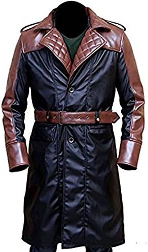 Assassin's Creed Syndicate Jacob Frye Michael Fassbender Brown Trench Long Leather Coat (Black-Brown Faux Leather, 2XL- Fit for 47-48 inches Chest)