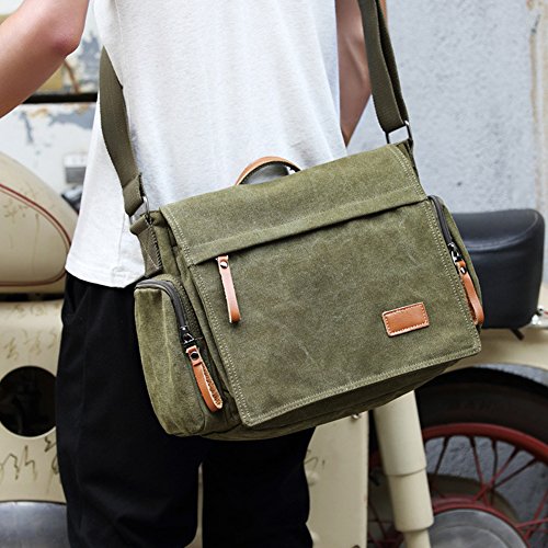 MiCoolker Canvas Crossbody Laptop Messenger bag for Men Over the Shoulder Travel Purse Vintage Handbag Briefcase Outdoor Sports Satchel Bags Army Green - Thumbnail 2