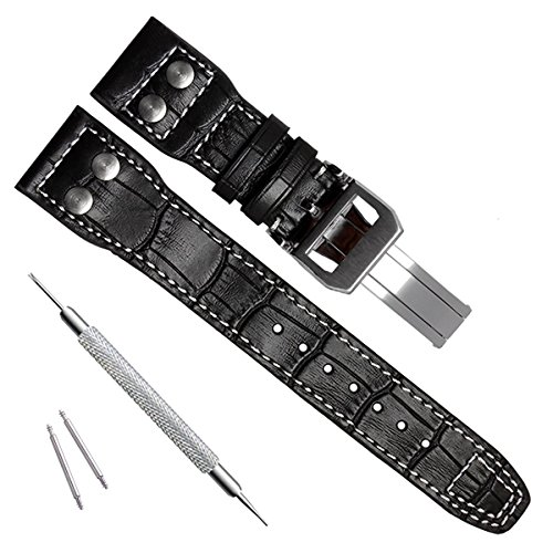 22mm Genuine Leather Silver Buckle Watch Strap Band fit for IWC PILOT'S Watchs Black
