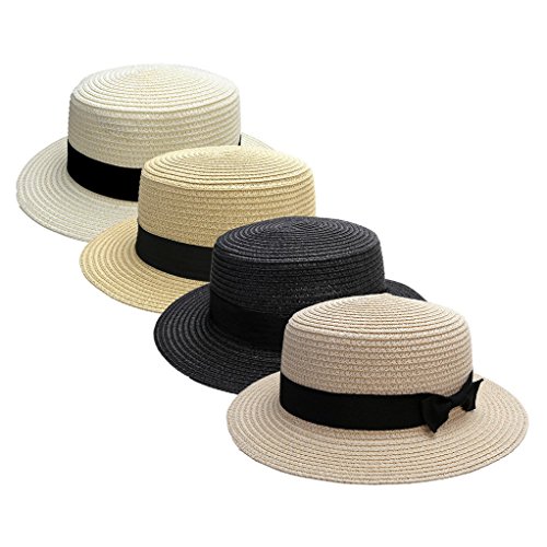 Ayliss Women Summer Short Brim Straw Fedora Hat with Bow-tie Band,Light Khaki