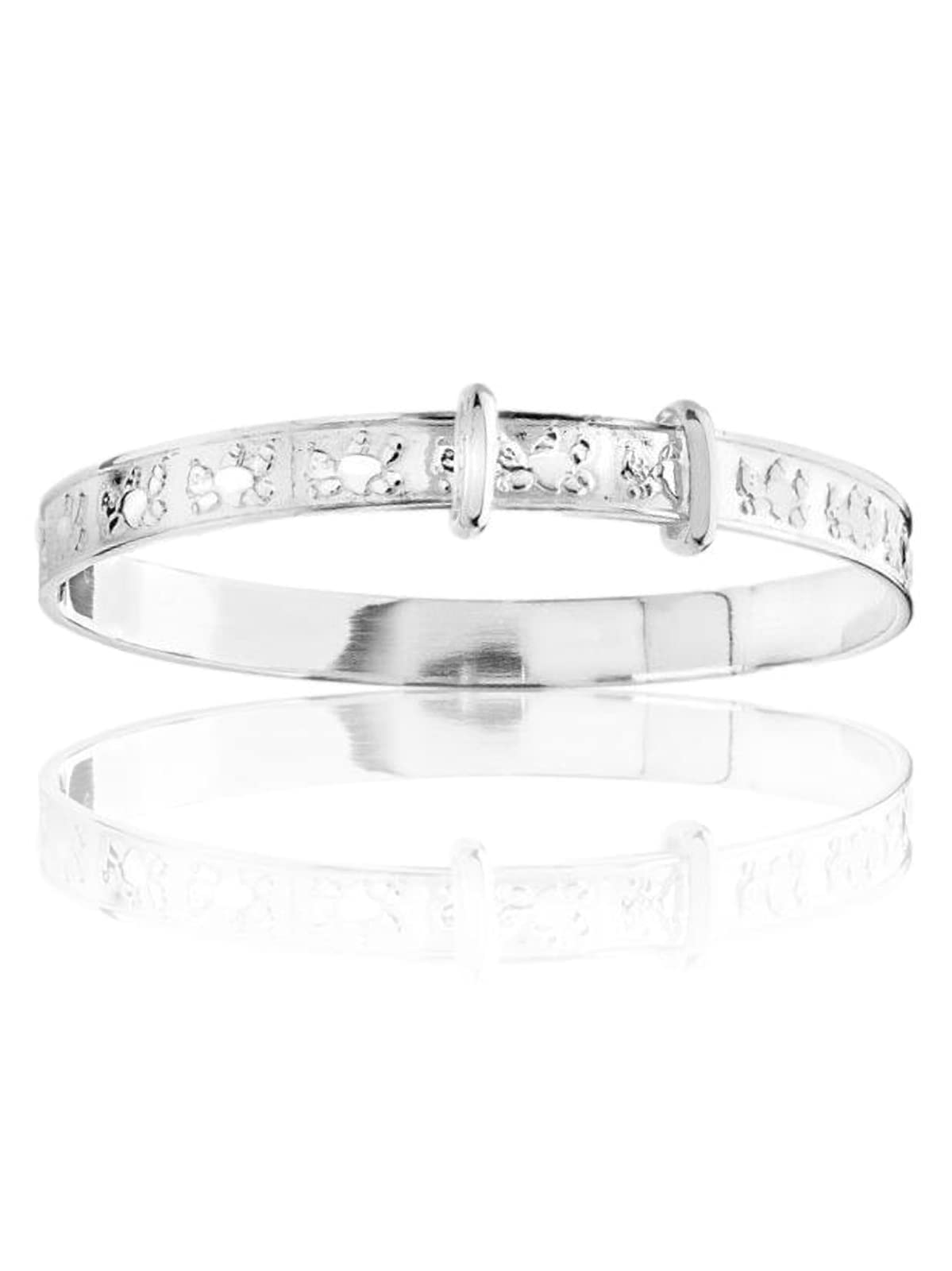 5MM Wide Embossed / Engraved Teddy Bear Repeating Pattern Expanding / Expandable / Adjustable Bangle Bracelet for Baby/Child/Children - 925 Sterling Silver - Size: BABY (Small)