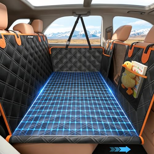 KYG Dog Seat Cover with Hard Back, Rear Seat Extender, Resistant, Scratch Resistant and Waterproof, Car Cover and SUV Black Orange 132 × 62 × 40 cm