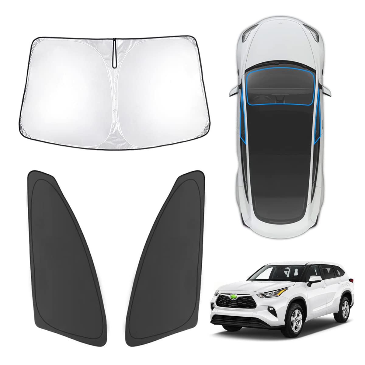 Photo 1 of Karltys 3PCS Windshield Sun Shade for 2020-2025 2026 Toyota Highlander, Front and Side Window Sunshade Custom Fit Highlander, Foldable Sun Visor Protector Blocks Heat Harmful UV Rays
