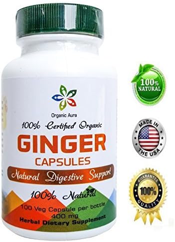 Organic Ginger Root Capsules. 400 mg - 100 Veg Capsules. Natural Digestive Support. Enhances overall Health and Vitality. 100% All Natural, Raw and Original. by Organic Aura