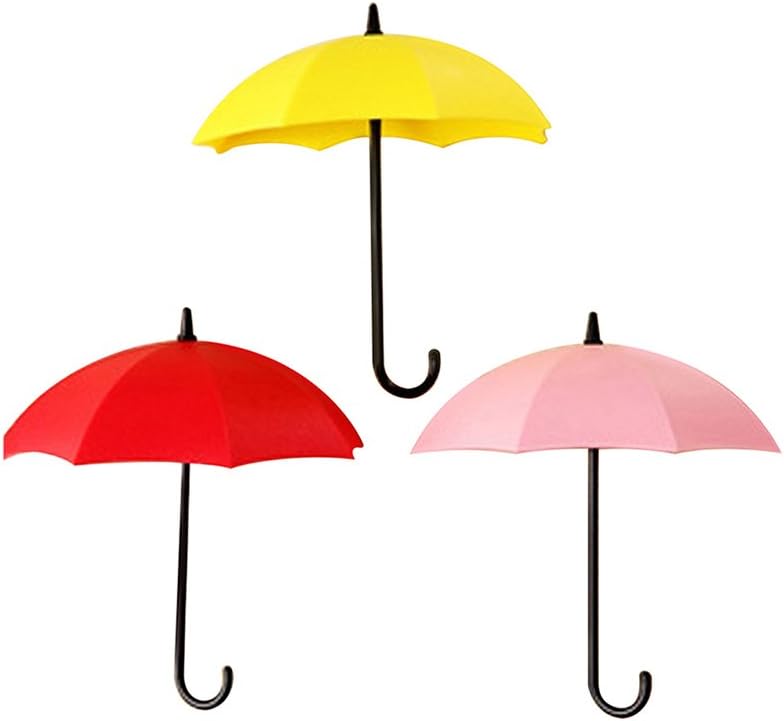 ZHOUBA 3Pcs Colorful Umbrella Wall Hook Key Hanging Hair Pin Holder Decorative Organizer (Red + Pink + Yellow)