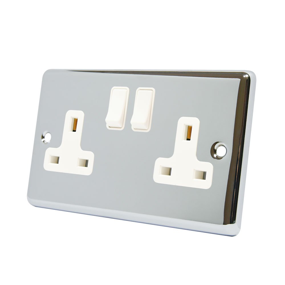 AET CPC2GSOCWH Polished Chrome Classical 2 Gang White Insert Plastic Rocker Switches-13 Amp Double Plug Socket, Pack of 1