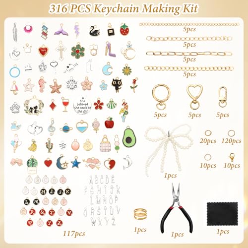 ASTNIC 316 Pieces DIY Key Chain Craft Charms Pendant Set, Jewellery Craft Accessories, Key Chain Making Kit, Metal Rings for Crafts, Things for Girls