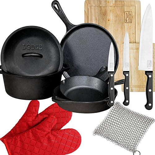 Lodge 5-Piece Pre-Seasoned Cast-Iron Cookware Set, Chicago Cutlery 3-pc Knife Set and Rubberwood 2-pc Cutting Board Set, Cast Iron Chainmail Scrubber and Non-Slip Kitchen Gloves for Cooking