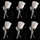 Set of 6 White Rose Boutonniere with Silver Ribbon