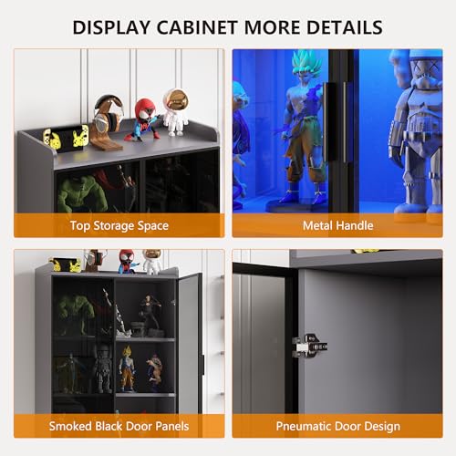 Storage Cabinet with Doors Adjustable Shelves - 65" White Tall Kitchen Pantry Organizer with Metal Handle/LED Lights/Human Sensor - 5 Tier Display Bookcase for Bedroom Living Room Office (A-Grey)