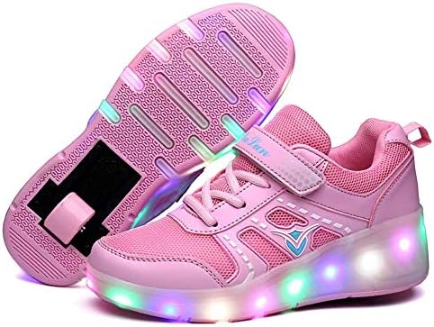 YMJJ Kids Led Roller Shoes Single Wheels Retractable Skateboarding Rollerblades Vibration Illuminate Outdoor Unisex Pulley Shoes Gymnastic Sneakers,Pink,29