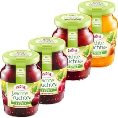 Zentis Stevia Konfitüre Testpaket 4 Sorten: Aprikose, Erdbeere, Himbeere, Sauerkirsch je235g