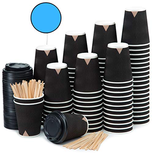 100 Schwarz Gewellt Pappebecher Coffee To Go 360 ml 12 Oz mit Deckel und Holz Rührstäbchen Zum Servieren von Kaffee, Tee, heiÃen und kalten Getränken