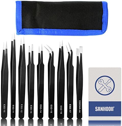 Sanhooii ESD Stainless Steel Tweezers Kit Precision Anti-Static Tools Set for Electronics Jewelry-Making Laboratory Work Hobbies