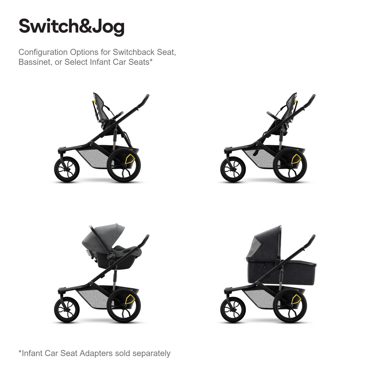 Veer Switch&Jog Infant Essentials Bundle | 3 Wheel All-Terrain Jogger Stroller with Switchback Seat and Bassinet | Fits All Major Infant Car Seats (Adapters Sold Separate) | Fully Collapsible