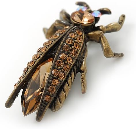 Vintage Inspired Ligth Amber Coloured Diamante 'Fly' Brooch In Bronze Tone - 35mm Length, brown, copper, bronze - Image 5