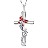 HVQP Butterfly Cross Urn Necklaces for Ashes Women White Gold Plated S925 Sterling Silver Funnel Filler Memorial Cremation Jewelry with Birthstone Sympathy Valentines Day Gifts for Women Loss of Loved One