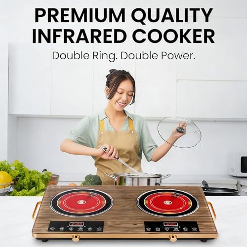 Jospondent Double burner electric ceramic stove, 3500W high-power electric cooking stove, no installation required, wood grain tempered glass and black crystal glass panel, aluminum alloy shell with