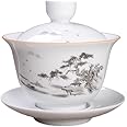 Woonsoon Jingdezhen Chinese Porcelain Gaiwan Handmade 7oz/200ml Kungfu Teacup White Glazed Tureen Chinese Sancai Cover Bowl Lip Cup Saucer Set Traditional Teaware Tea Set (Scenery)