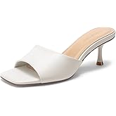 Lookyno Womens Kitten Heel Sandals Square Open Toe Mules 2.3 Inch Stiletto Heeled Sexy Slip On Sandals for Party Casual