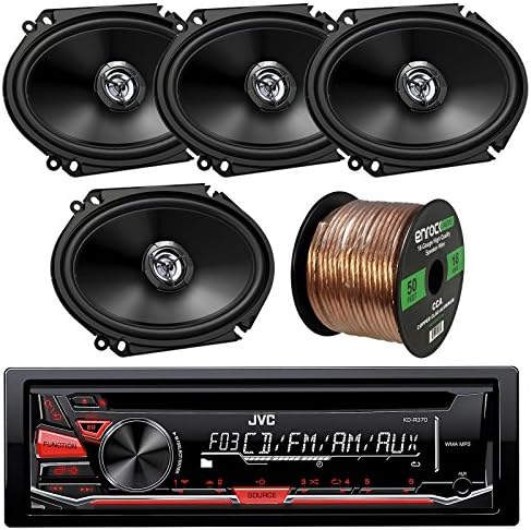 Single DIN CD/MP3 AM/FM Radio Player Car Headunit Receiver Bundle Combo with 4X (2 Pairs) 300-Watt 6x8 Inch 2-Way Vehicle Coaxial Car Audio Speakers + Enrock 50 Feet 16-Gauge Wire