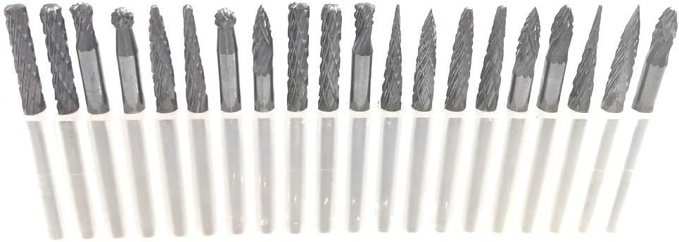 YUELUTOL Tungsten Carbide Burr Grinder Rotary Set-20 Pieces With 1/8 Inch（3mm） Shank Double Cut Rotary Tool Bits For Woodworking,Drilling,Engraving And Carving