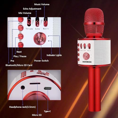 BONAOK Wireless Bluetooth Karaoke Microphone,3-in-1 Portable Handheld Mic Speaker Machine Birthday Home Party for PC or All Smartphone(Q37 Red)