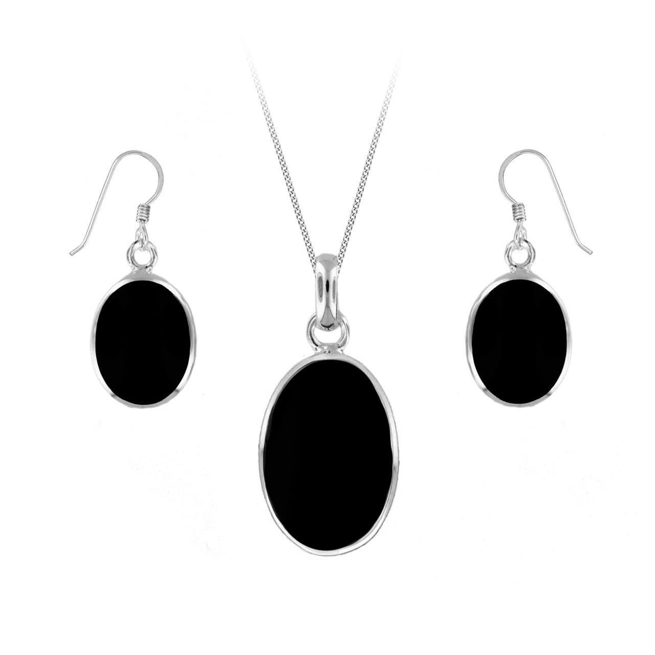 Tuscany Silver Women's Sterling Silver Set of Onyx Oval Earrings and Pendant on Curb Chain of 46cm/18"