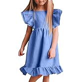 Bigeoosh Girls Dress Linen Boho Party Ruffle Sleeve A-Line Floral Hem Loose Fit Summer Outfits for 5-12 Years Kids