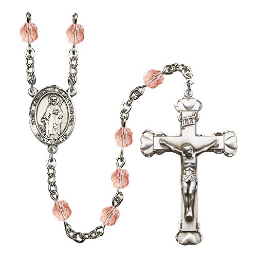 St. Catherine of Alexandria Silver-Plated Rosary 6mm October Pink Fire Polished Beads Crucifix Size 1 5/8 x 1 medal charm