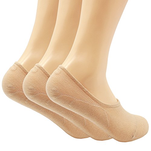 Women's 3 Pairs Casual Thin No Show Socks Non Slip Flat Boat Line(Beige)