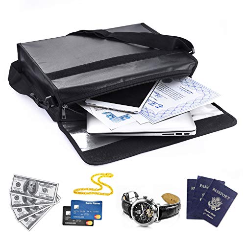 SPLF Fireproof and Waterproof Document Bag, Fire Proof Safe Box for Important Document Organizer Storage, Messenger Bag Briefcase with Zipper Shoulder Strap for Men & Women, Black