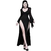 LANSHULAN Women Gothic Sexy V-Neck High Slit Mesh Bat Sleeve Halloween Goth Witch Dress Without Corset & Belt