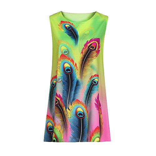 Dressin Womens Dress Summer O-Neck Boho Sleeveless Floral Printed Beach Mini Dress Casual T-Shirt Tank Tops Short Dress