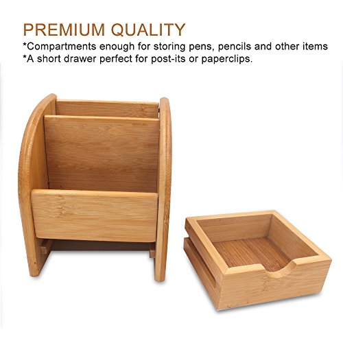 TV Remote Control Holder Caddy, Bamboo Desktop Office Supplies Storage Box Organizer With 2 Compartments 1 Drawer (Natural Bamboo) - Thumbnail 3