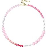 KissYan Beaded Necklaces for Women, 14K Gold Plated Natural Gemstones Beach Choker, Boho Handmade Crystal Ball Chain Pink Blue Stone Summer Jewelry Gifts