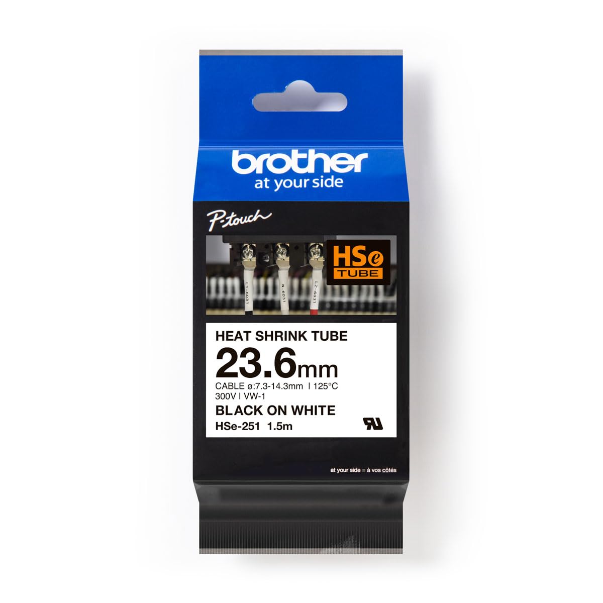 Brother HSe-251 Labelling Tape Cassette, Black on White, 23.6 mm (W) x 1.5M (L), Heat Shrink Tube, Brother Genuine Supplies