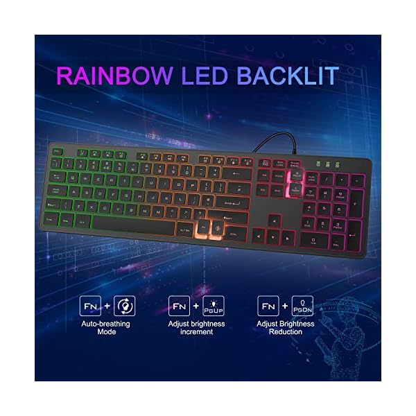 Wired Keyboard, WisFox USB Backlit Keyboard with 105 Keys for Windows 2000/XP/Vista/7/8/10, Full-Size Illuminated…
