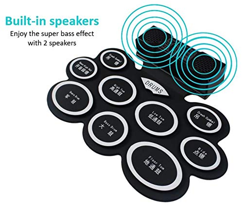 Hand roll Electric Drum Set, 9 Pads Electronic Drum Set with Built-in Speaker and Battery, Headphone Jack, Drum Stick and Foot Pedals. Best educational gift for beginners