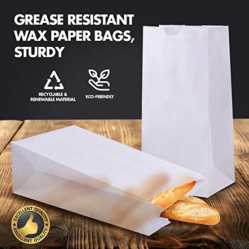 [125 Pack] 4 Lb Waxed Bakery Bags White Paper Lunch Bags, Biodegradable Grease Resistant Paper