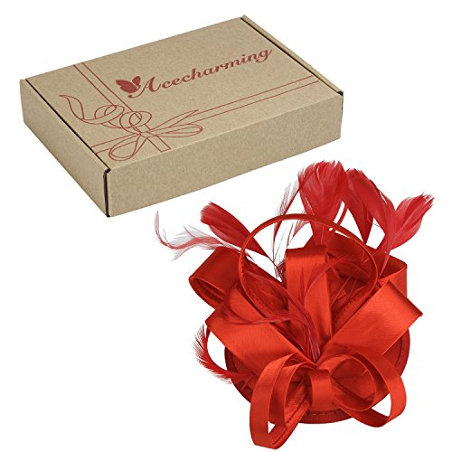 Acecharming Fascinators for Women, Feather Sinamay Fascinators with Headbands Tea Party Pillbox Hat Flower Derby Hat(Red Feather) - Thumbnail 5