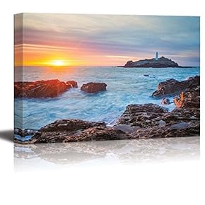 Canvas Prints Wall Art - The Sun Setting on The Horizion with Lighthouse | Modern Home Deoration/Wall Art Giclee Printing Wrapped Canvas Art Ready to Hang - 12" x 18"