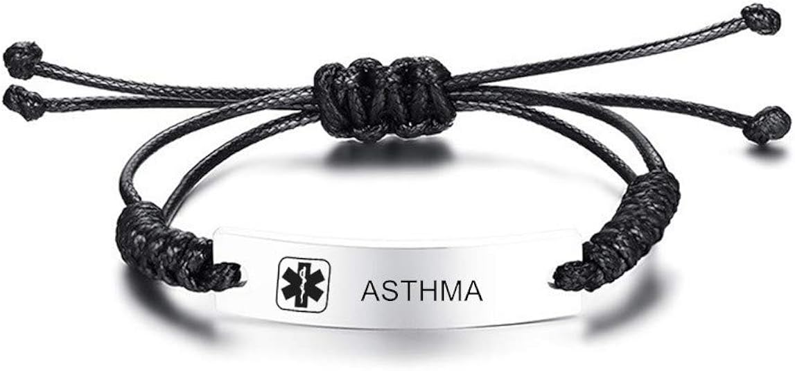 NJ Adjustable Medical Alert Bracelet Asthma Stainless Steel Handmade Cord Medic ID