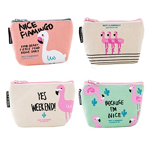 Sunny W Cute Flamingo Canvas Coin Purse Zipper Wallet Coin Bag, Pack of