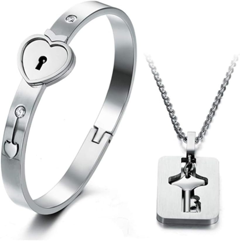 Titanium Stainless Steel Heart Love Lock Bracelet with Lock Key Pendant Titanium Steel Bangle Necklace Couple Sets Gift(A set)
