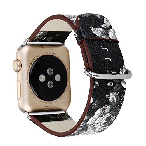 YOSWAN Bracelet For Apple Watch, National Black White Floral Printed Leather Watch Band 38mm 42mm Strap For Apple Watch Flower Design Wrist Watch Bracelet, 38 mm, Black/White Flower - Thumbnail 2